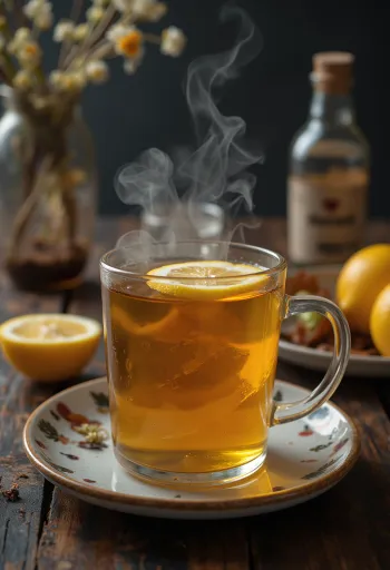 Pálinkás tea citromszelettel és fahéjjal tálalva