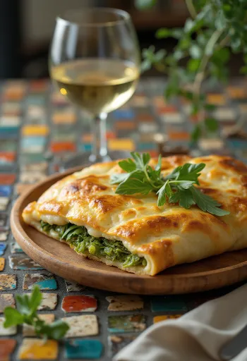 Pestós-rukkolás calzone tálalva