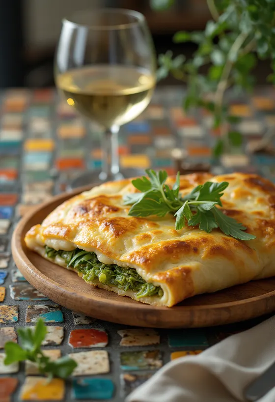 Pestós-rukkolás calzone tálalva