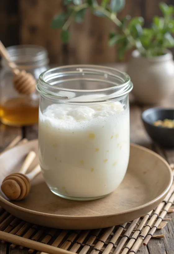 Probiotikus Kakukkfű kefir tálalva egy pohárban, friss kakukkfű ágakkal