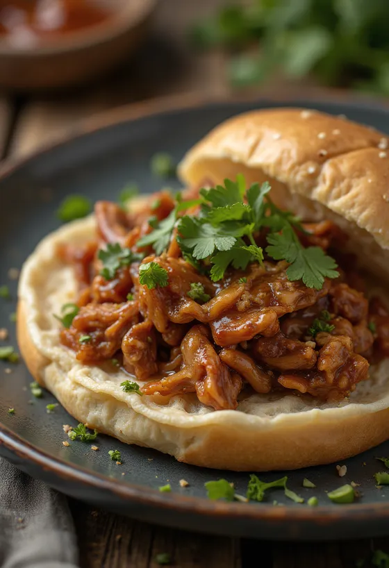 Pulled Duck, omlós barbecue kacsahús friss korianderrel és káposztasalátával tálalva