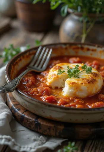 Saganaki paradicsomos szósszal, feta sajttal tálalva, petrezselyemmel megszórva