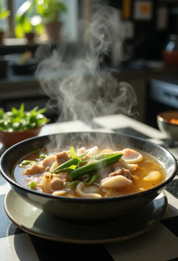 Sinigang pörkölt fűszeres sertéshússal és zöldségekkel tálalva