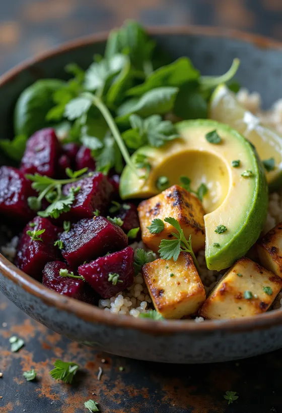 Spenótos quinoa Buddha-tál céklás lime tofuval tálalva