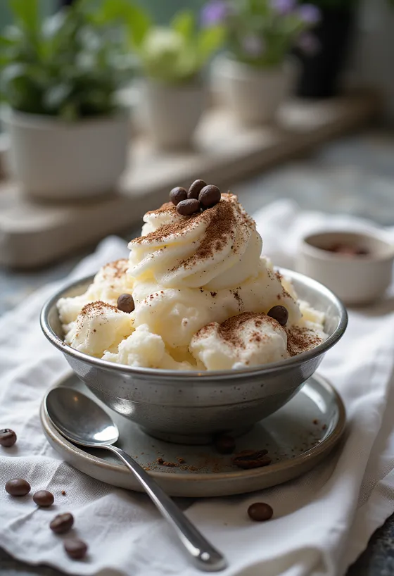 Tiramisu bingsu, krémes tiramisu, kakaóporral megszórva, jégpelyhekkel tálalva