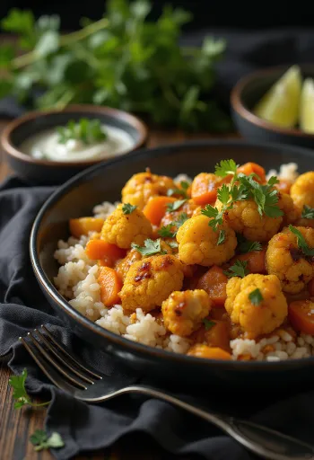 Vegán rakott karfiolos curry tálalva