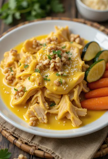Ají de gallina tálalva sült zöldségekkel, dióval és parmezánnal