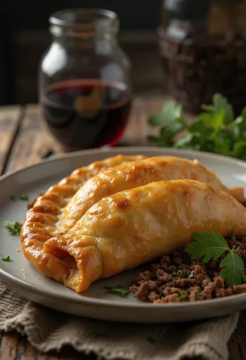 Argentin marhahúsos empanada, aranybarna, ropogós tészta darált marhahúsos töltelékkel