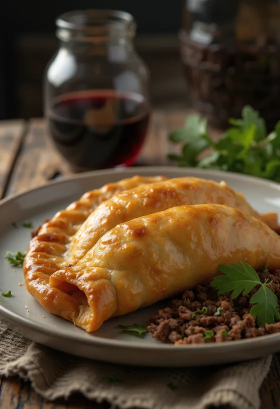 Argentin marhahúsos empanada, aranybarna, ropogós tészta darált marhahúsos töltelékkel