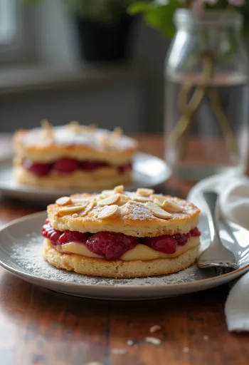 Bakewell tart marcipánnal, gazdag mandulás töltelékkel és friss gyümölcsökkel díszítve