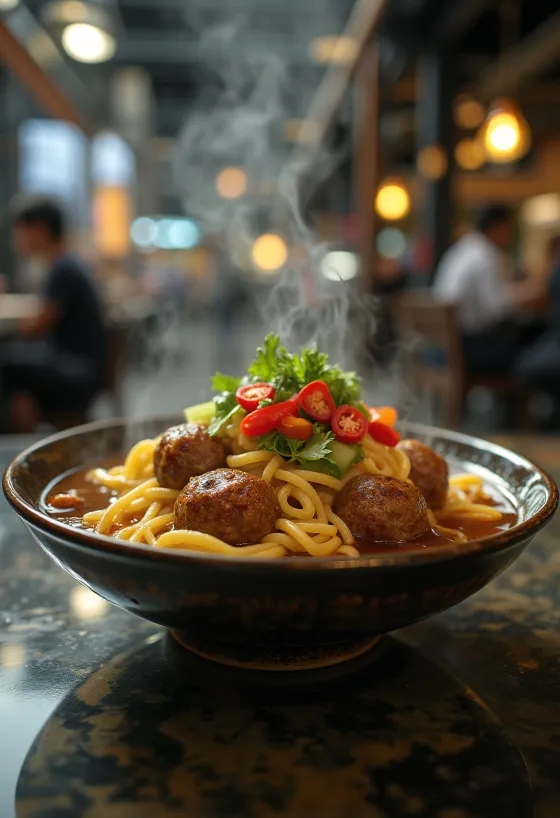 Bakso tésztával, gazdag húsgombócokkal, friss korianderrel és chilivel tálalva