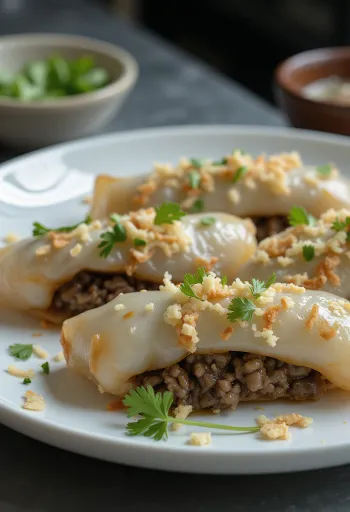 Bánh cuốn sertéshússal tálalva korianderrel és hal szósz mártással