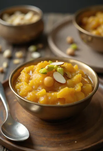 Chana Dal Halwa gazdag fűszeres ízekkel, pörkölt dióval és rózsavízzel.