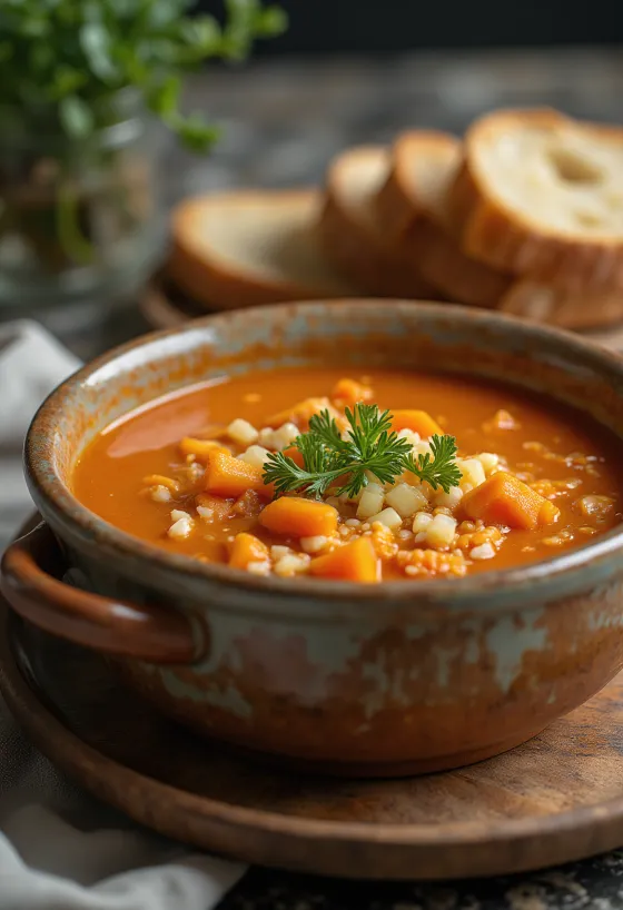 Chowder paradicsommal, friss petrezselyemmel tálalva