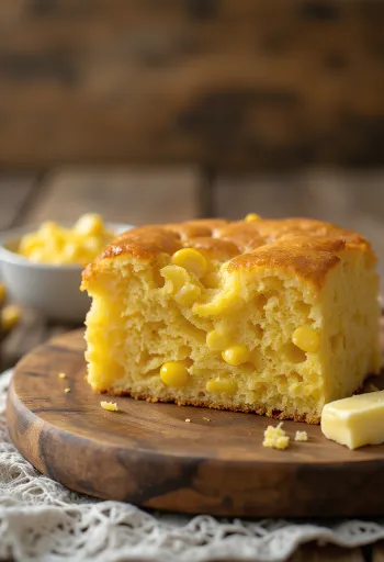Cornbread kukoricával szeletelve, aranybarna és puha textúrával