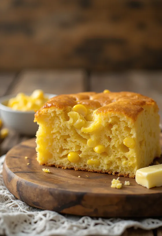 Cornbread kukoricával szeletelve, aranybarna és puha textúrával