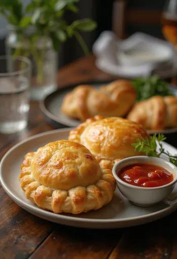 Cornish pasty pikáns szósszal tálalva, ropogós tésztával