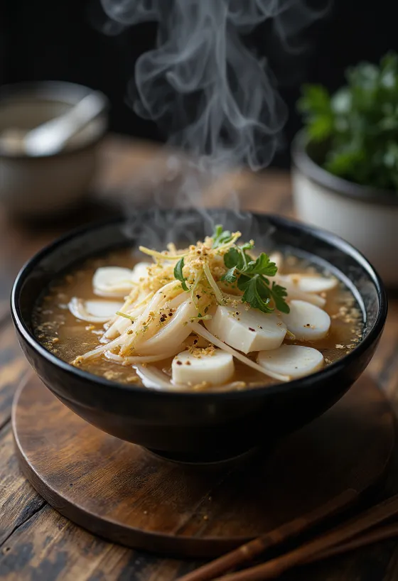 Daikon miso leves tofuval és zöldhagymával tálalva