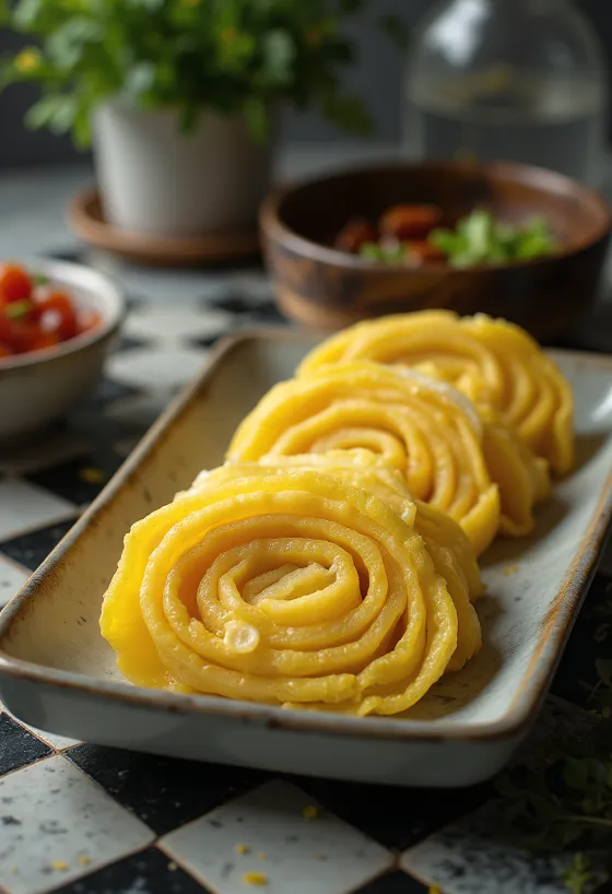 Dashimaki Tamago, japán omlett puha, dús textúrával, feltekert formában