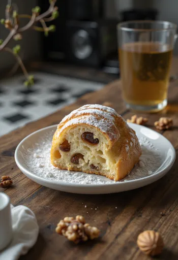 Diós-mazsolás Stollen szeletelve, porcukorral megszórva, rusztikus háttérrel