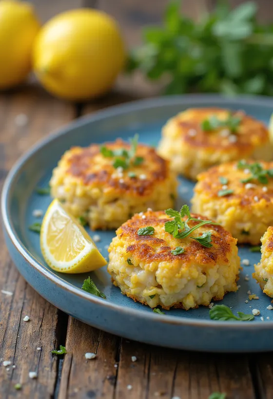 Fishcake citromhéjjal tálalva friss citromszeletekkel és salátával