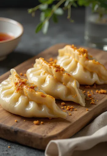 Ginger Gyoza tálalva szójaszószos tálkával