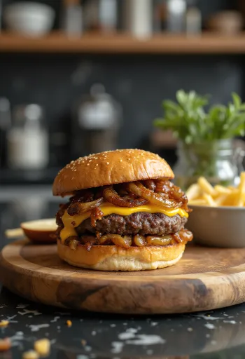 Hagymás sajtos hamburger szaftos húspogácsával és karamellizált hagymával