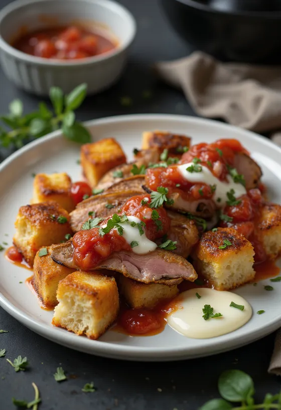 İskender kebab tányéron: kenyérkockán sült hús paradicsommártással, vajjal, joghurttal és grillezett zöldségekkel
