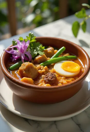 Kare-kare marhahússal, bok choyjal és padlizsánnal tálalva, gazdag mogyorós szósszal