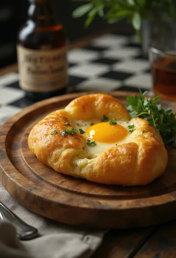Khachapuri, gazdag sajtos töltelékkel töltött, aranybarna pite