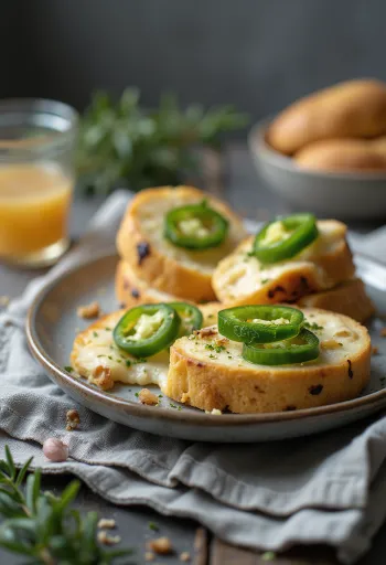 Leipäjuusto jalapeñós változatban, friss korianderrel és olívaolajjal megpirítva, tálalva.
