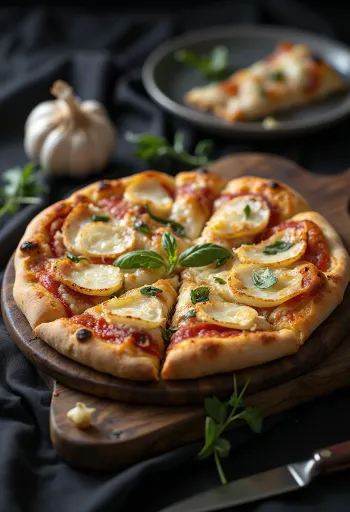 Margherita pizza fokhagymával tálalva