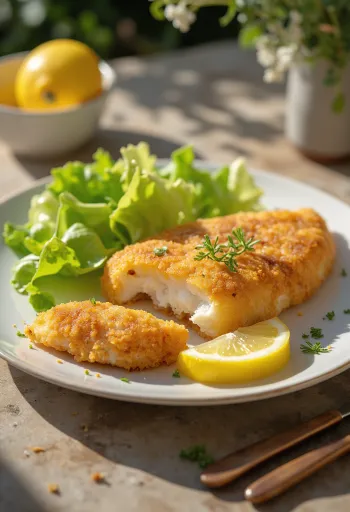 Ropogós milanesa tojással, friss salátával és citrommal tálalva