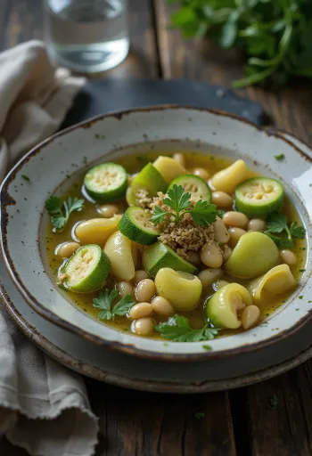 Minestrone cukkínivel, paradicsommal és tésztával tálalva mélytányérban