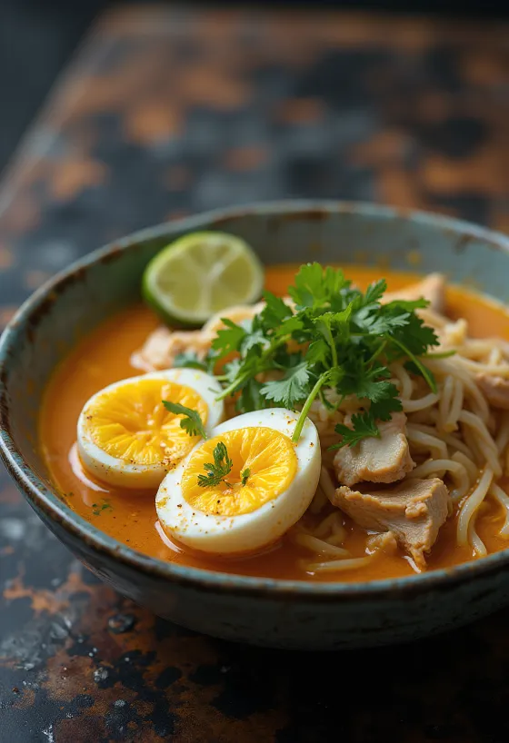 Nyonya laksa, tamarindos kókusz alapú leves csirke, tészta és friss zöldségekkel tálalva.