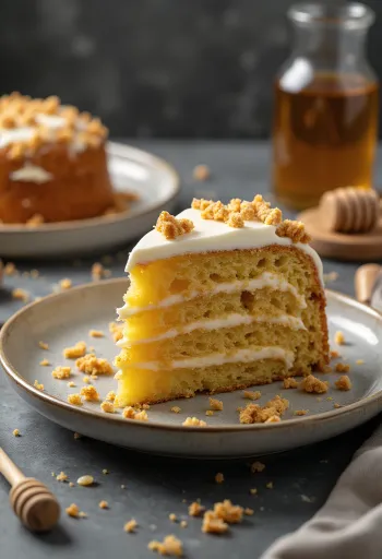 Orosz mézes torta rétegezett krémmel és tésztamorzsával díszítve