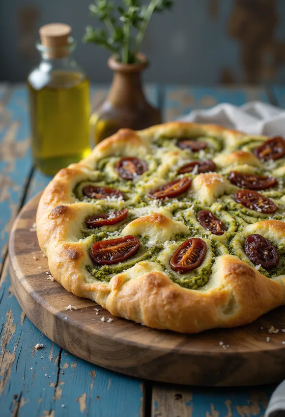 Pestós és szárított paradicsomos focaccia tálalva