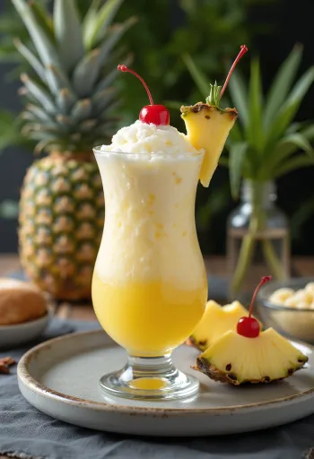 Piña Colada friss ananásszal és koktélcseresznyével díszítve