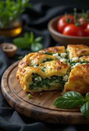 Plăcintă spenóttal, hajtogatott tésztával és feta sajttal tálalva