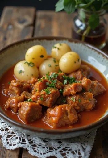 Pörkölt birkahússal tálalva friss kenyérrel és savanyúsággal