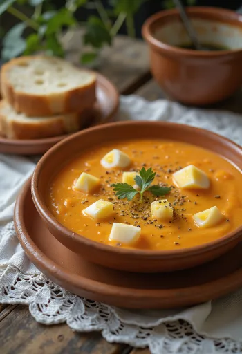 Salmorejo főtt tojással, friss korianderrel tálalva