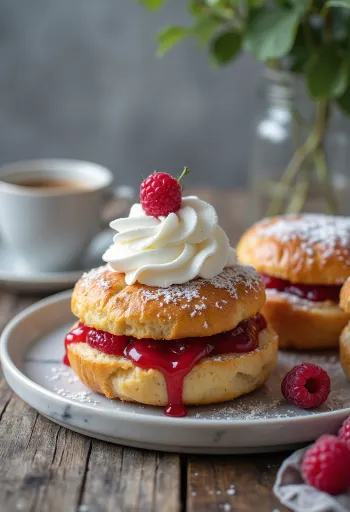 Semlor málnalekvárral, tetején porcukorral megszórva, habbal és lekvárral töltve