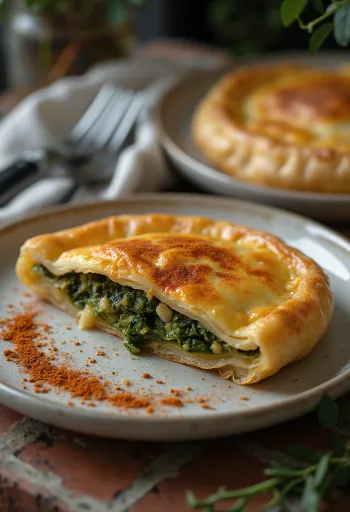 Spanakopita pirospaprikával, aranybarna, ropogós tésztával és gazdag spenótos töltelékkel