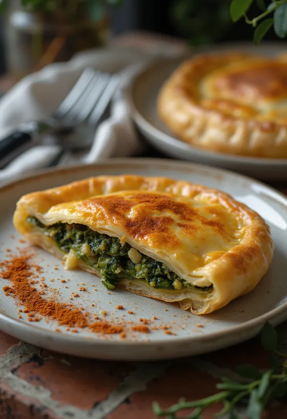 Spanakopita pirospaprikával, aranybarna, ropogós tésztával és gazdag spenótos töltelékkel