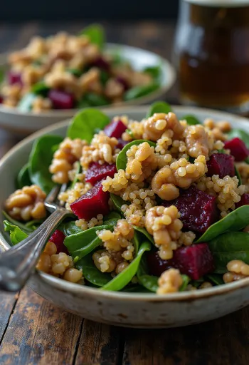Spenótos quinoa saláta céklával és dióval tálalva