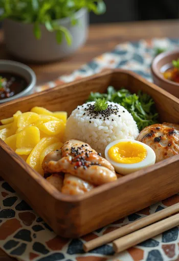 Takuan bento dobozban, tálalva gyömbér savanyúsággal
