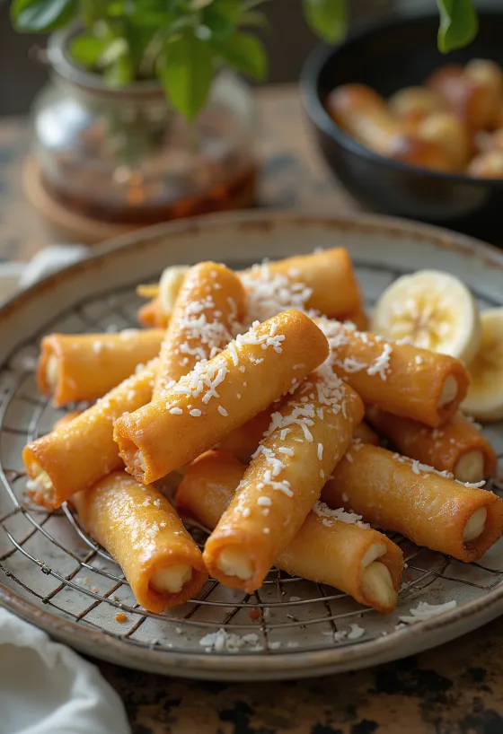 Turon banánnal, friss és ropogós desszert, barna cukorral és fahéjjal