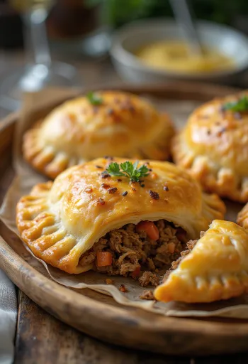 Argentin raguval töltött empanada, aranybarna, ropogós tészta gazdag marhahúsos töltelékkel