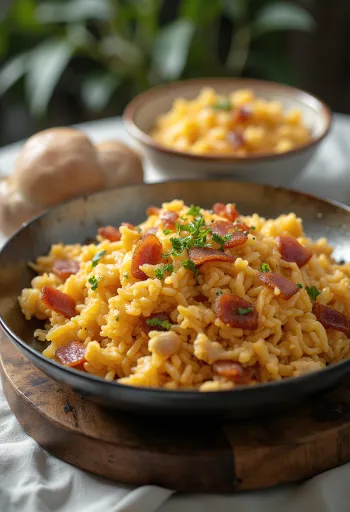 Baconos rizs tálalva