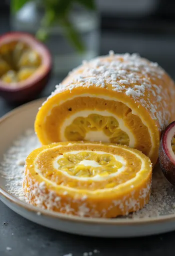 Bolo de rolo maracujával és kókuszos töltelékkel, porcukorral megszórva